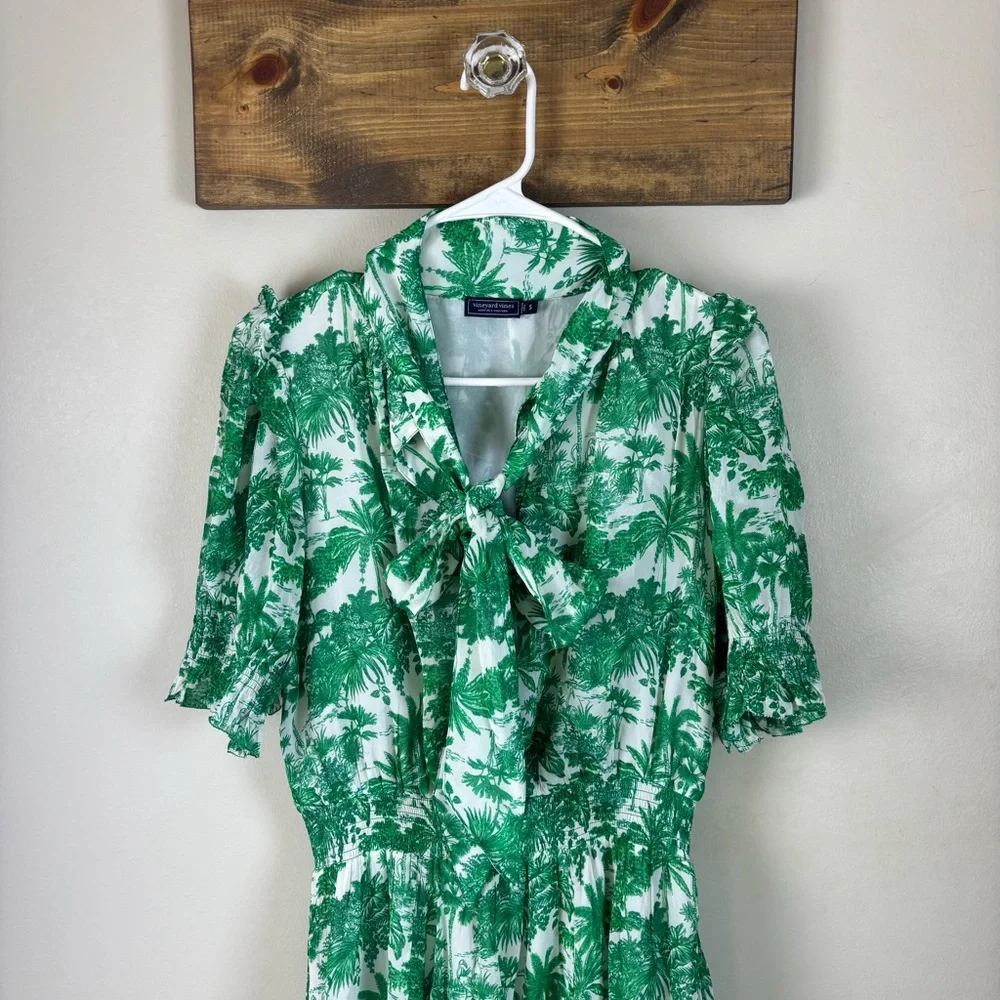 Vineyard Vines S Marthas Vineyard Tropical Toile Tie-Neck Midi Dress Green/White - Picture 2 of 16